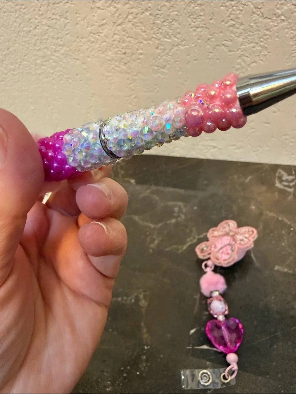 Pink Stethoscope and Hearts Rhinestone Beaded Pen and Matching Badge Reel Set